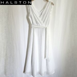 Halston White Sleeveless Seersucker Belted Flare Midi Dress